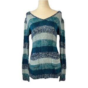 Vintage Y2K Ultra Flirt Womens Striped Knit Tunic Sweater M Boho Indie Blue